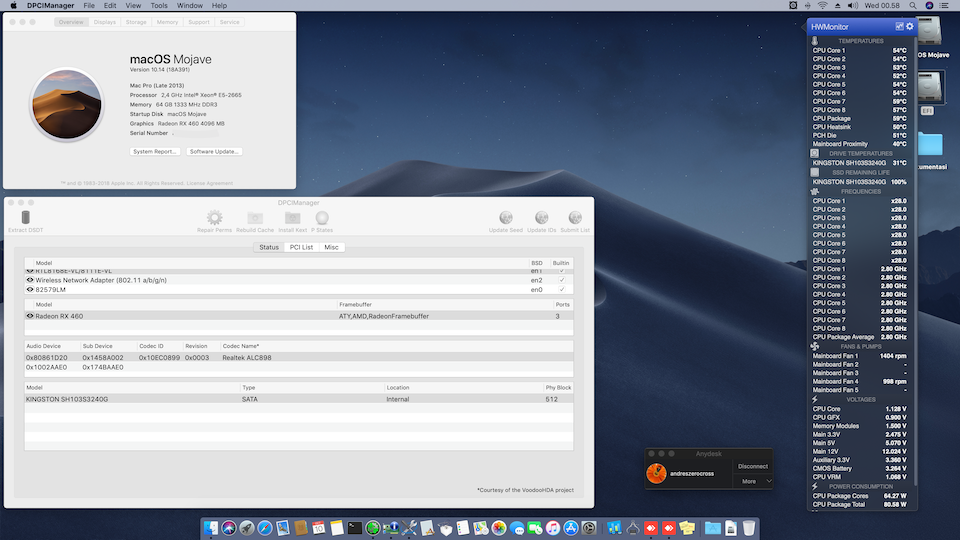Success Hackintosh macOS Mojave 10.14 Build 18A391 at Gigabyte X79S-UP5-WIFI + Intel® Xeon® E5-2665 + HIS RX560 4GB iCooler (0x67EF)